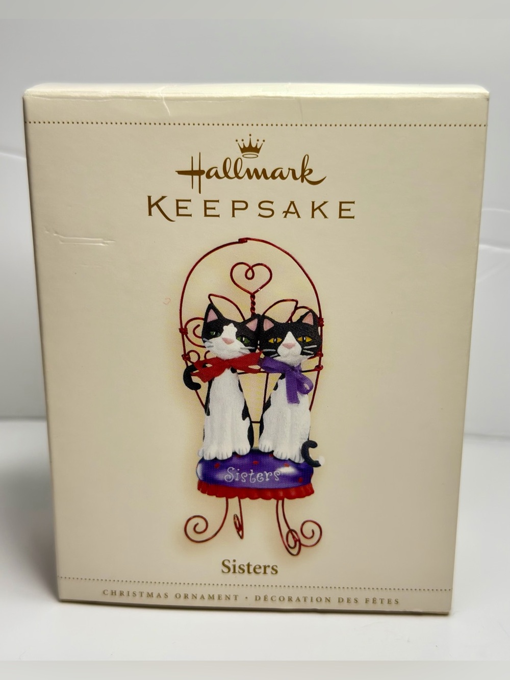 Decorative Black & White Cat Sisters Figurine with Red and Purple Accents